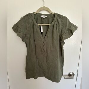 Madewell Green Flutter Sleeve Polo Blouse